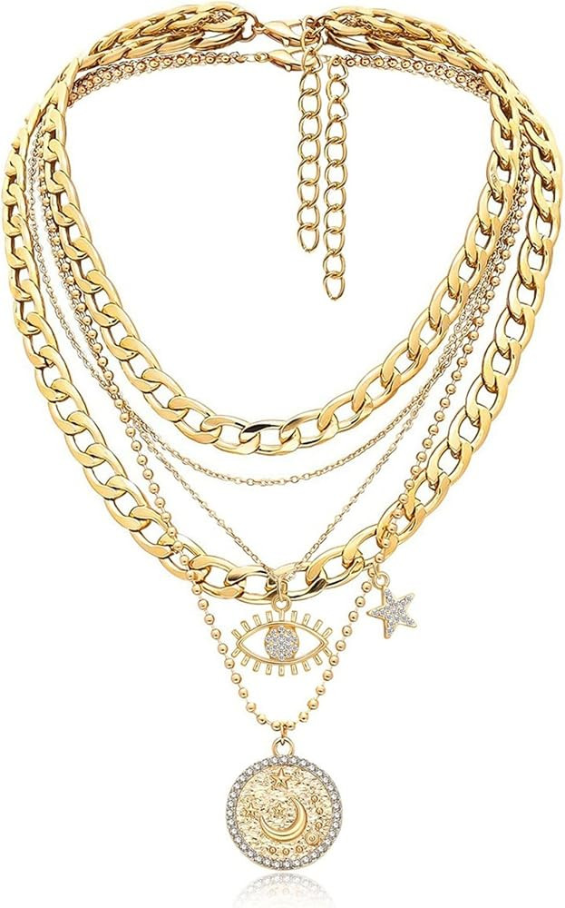 MJartoria Gold Layered Necklaces for Women Trendy Retro Coin and Evil Eye Pendant Necklace Dainty... | Amazon (US)
