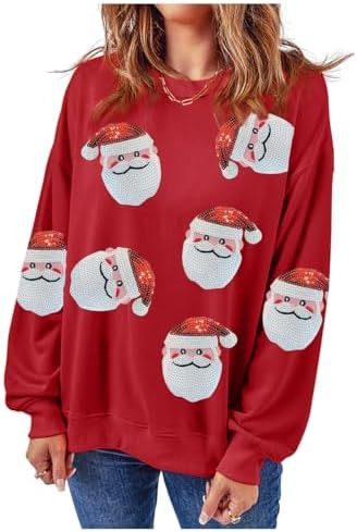 Ecosunny Christmas Sweatshirts Womens Sequin Santa Graphic Shirt Csausl Crewneck Long Sleeve Holi... | Amazon (US)