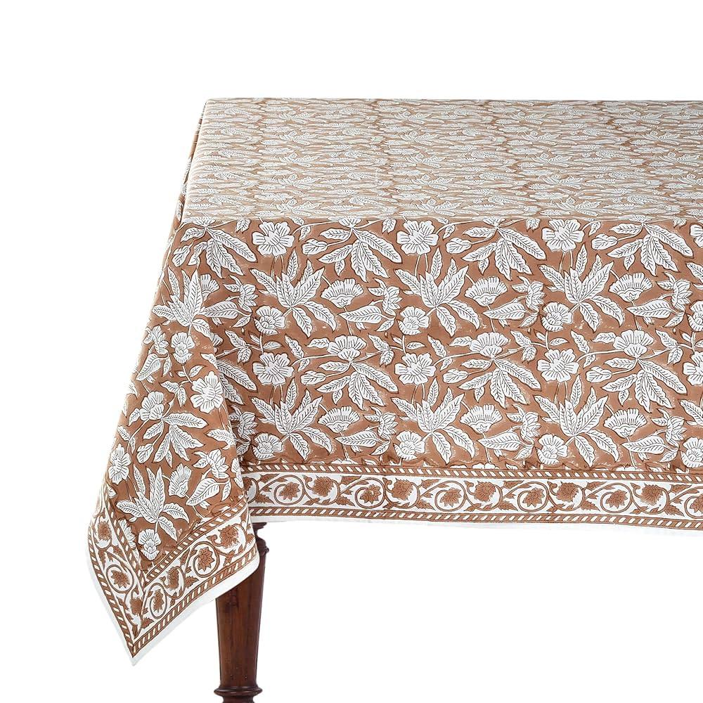Ridhi Oak Brown Hand Block Print Cotton Rectangle Tablecloth 120 x 80 inch-Reusable Table Cover D... | Amazon (US)