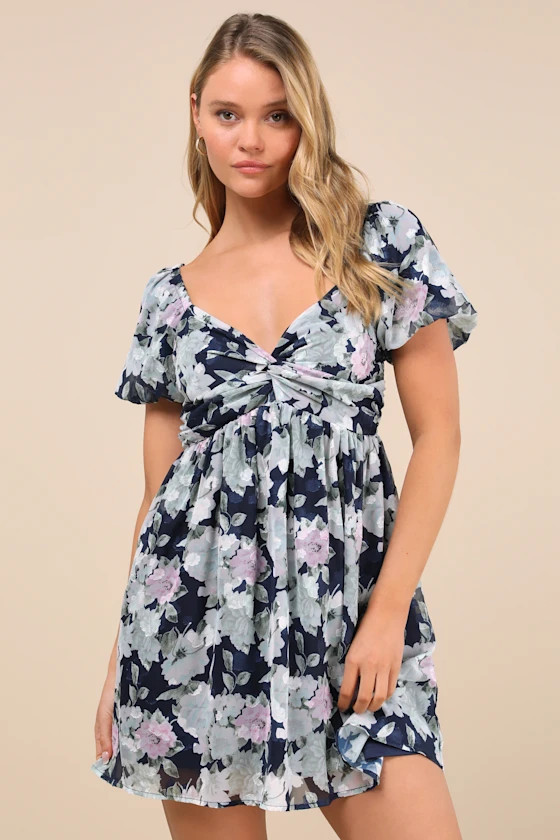 Fresh Florals Navy Floral Print Puff Sleeve Mini Dress | Lulus