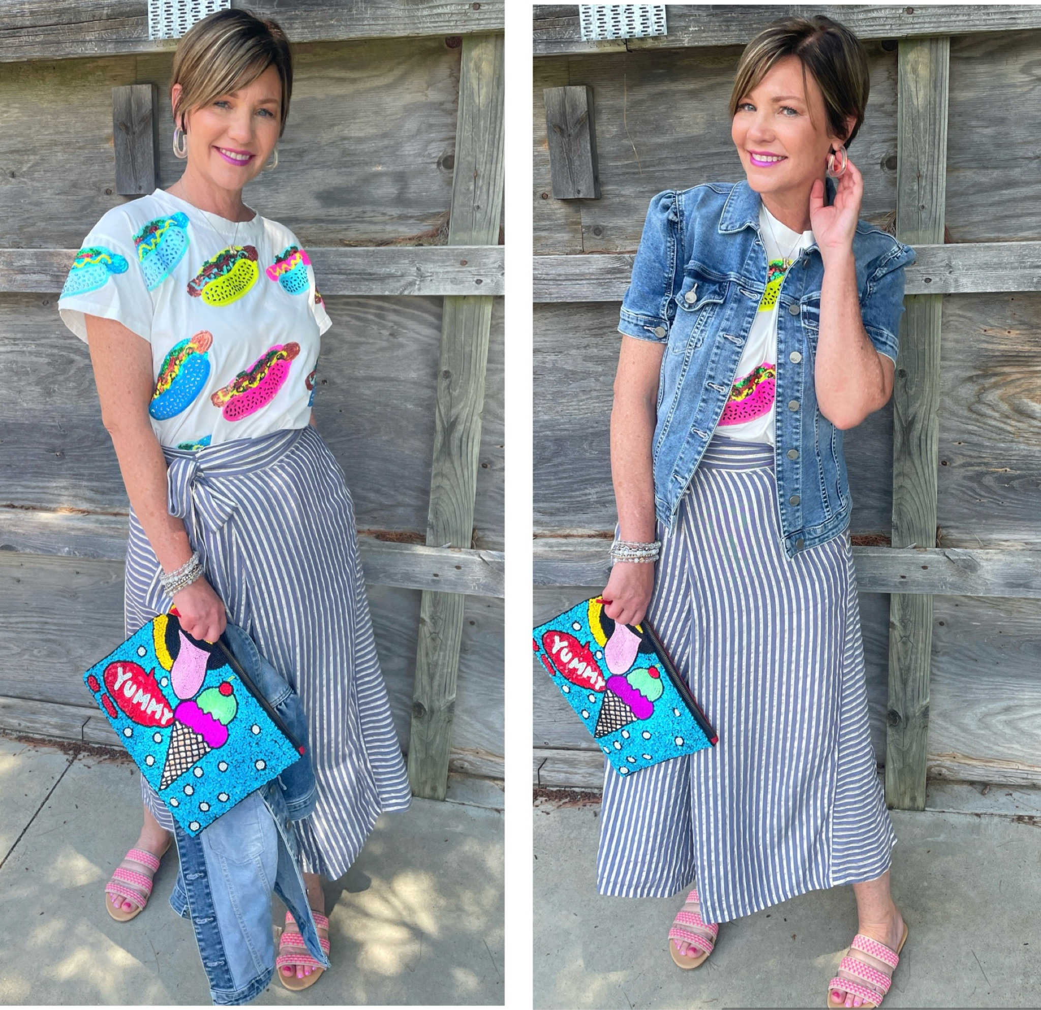 Queen of sparkles hot dog shirt sequin hot dog tee summer tee summer sparkles striped pants pattern mix wide leg wrap pants Eva Franco beaded ice cream bag 

#LTKOver40 #LTKSeasonal #LTKFindsUnder50