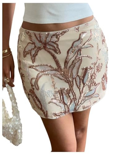 MakeMeChic Women's Sequin Mini Skirt Floral Bodycon Glitter Summer Y2K Party Short Skirts Apricot Small | Amazon (US)