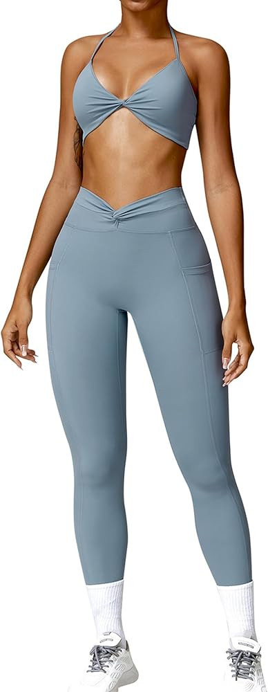 ABOCIW Workout Sets for Women Twist Front Halter Sports Bras High Waist Legging 2 Piece Exercise ... | Amazon (US)