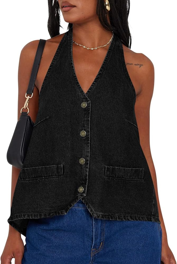 Tankaneo Womens Halter Denim Vest Tops Summer Open Back Y2K Going Out Tank Tops V Neck Button Dow... | Amazon (US)