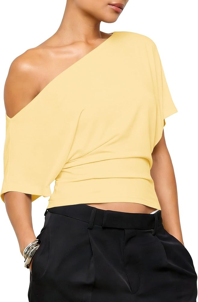 Women's 2026 Summer Off The Shoulder Crop Top Going Out Ruched Asymmetrical Dolman Short Sleeve C... | Amazon (US)