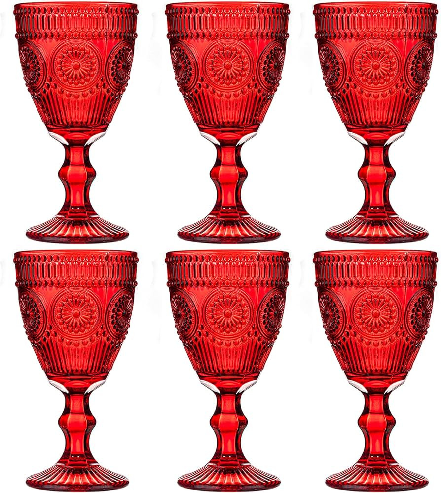 Red Vintage Wine Glasses Set of 6, 10 Ounces Colored Glass Water Goblets, Unique Floral Embossed ... | Amazon (US)