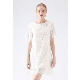 Slow Down Embroidered Eyelet Shift Dress in White | Chicwish