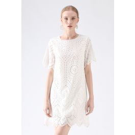 Slow Down Embroidered Eyelet Shift Dress in White | Chicwish