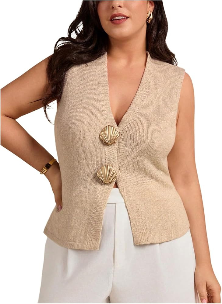 Milumia Women's Plus Size Sweater Vest Meatal Seashell V Neck Knit Tank Top Sleeveless Cardigans | Amazon (US)