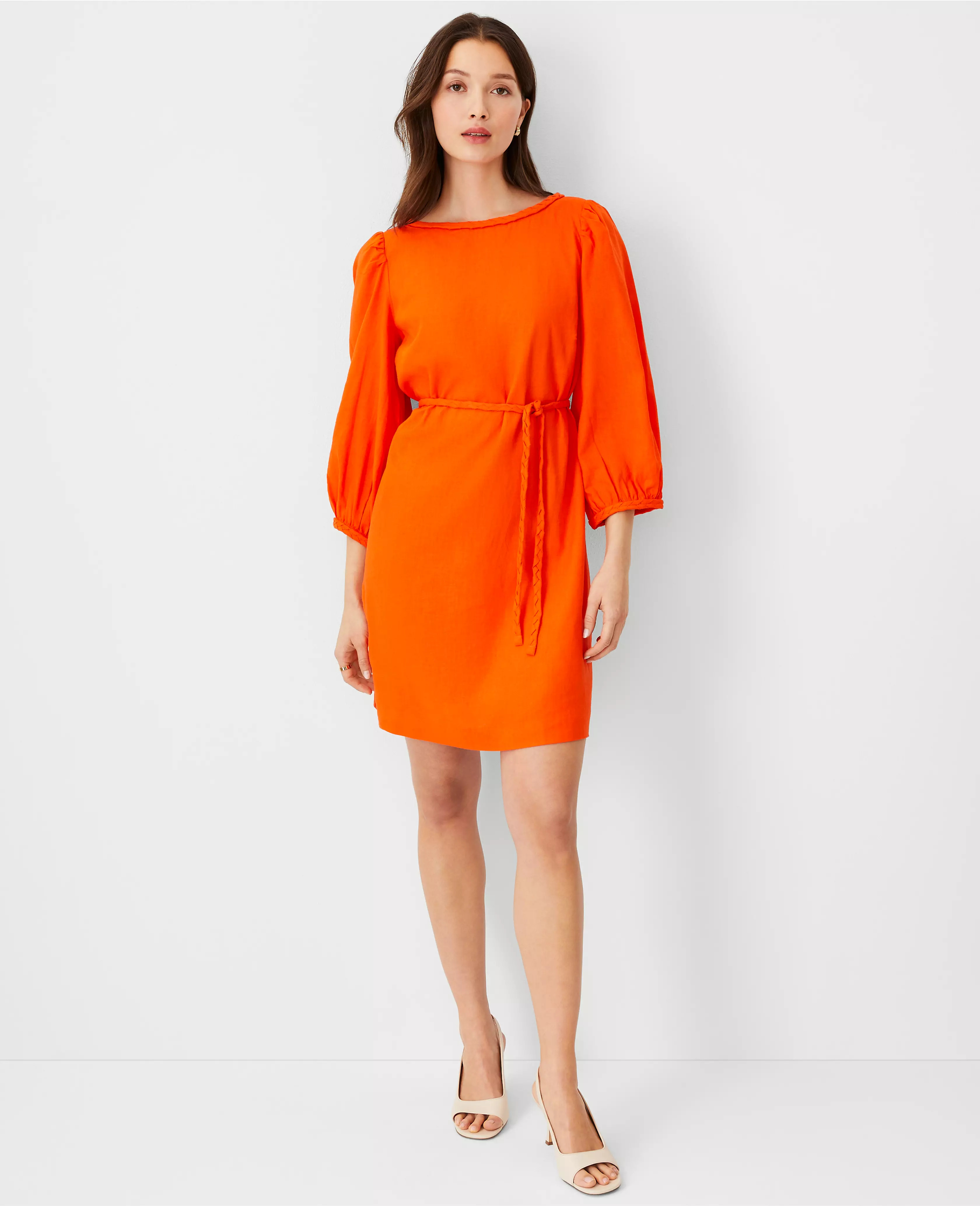 Linen Blend Puff Sleeve Belted Shift Dress | Ann Taylor