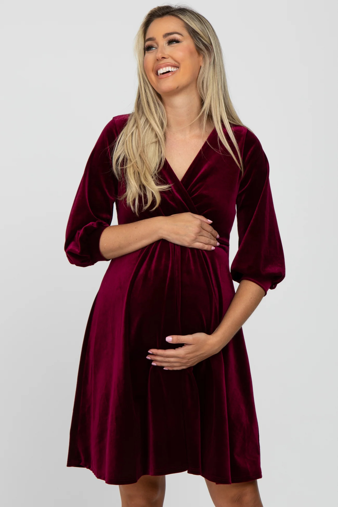 Green Velvet Wrap Front Babydoll Maternity Dress | PinkBlush Maternity