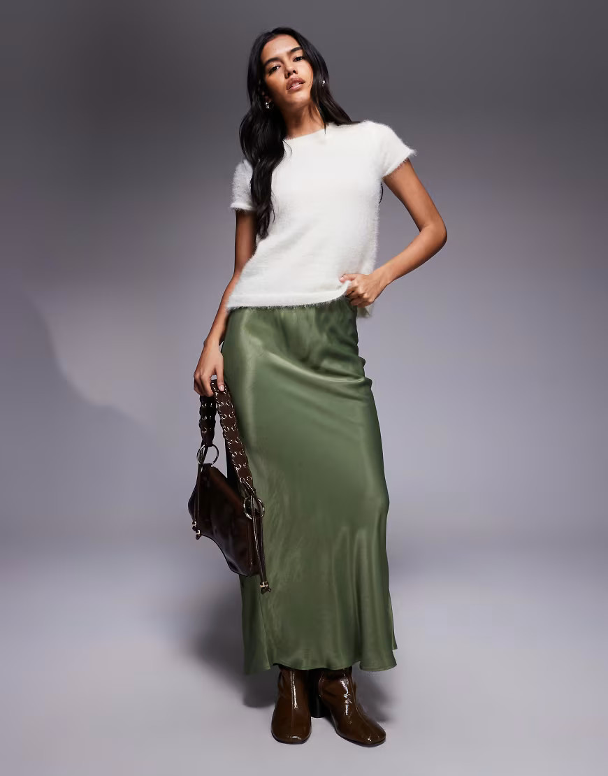 ASOS DESIGN satin bias maxi skirt in olive-Green | ASOS (Global)
