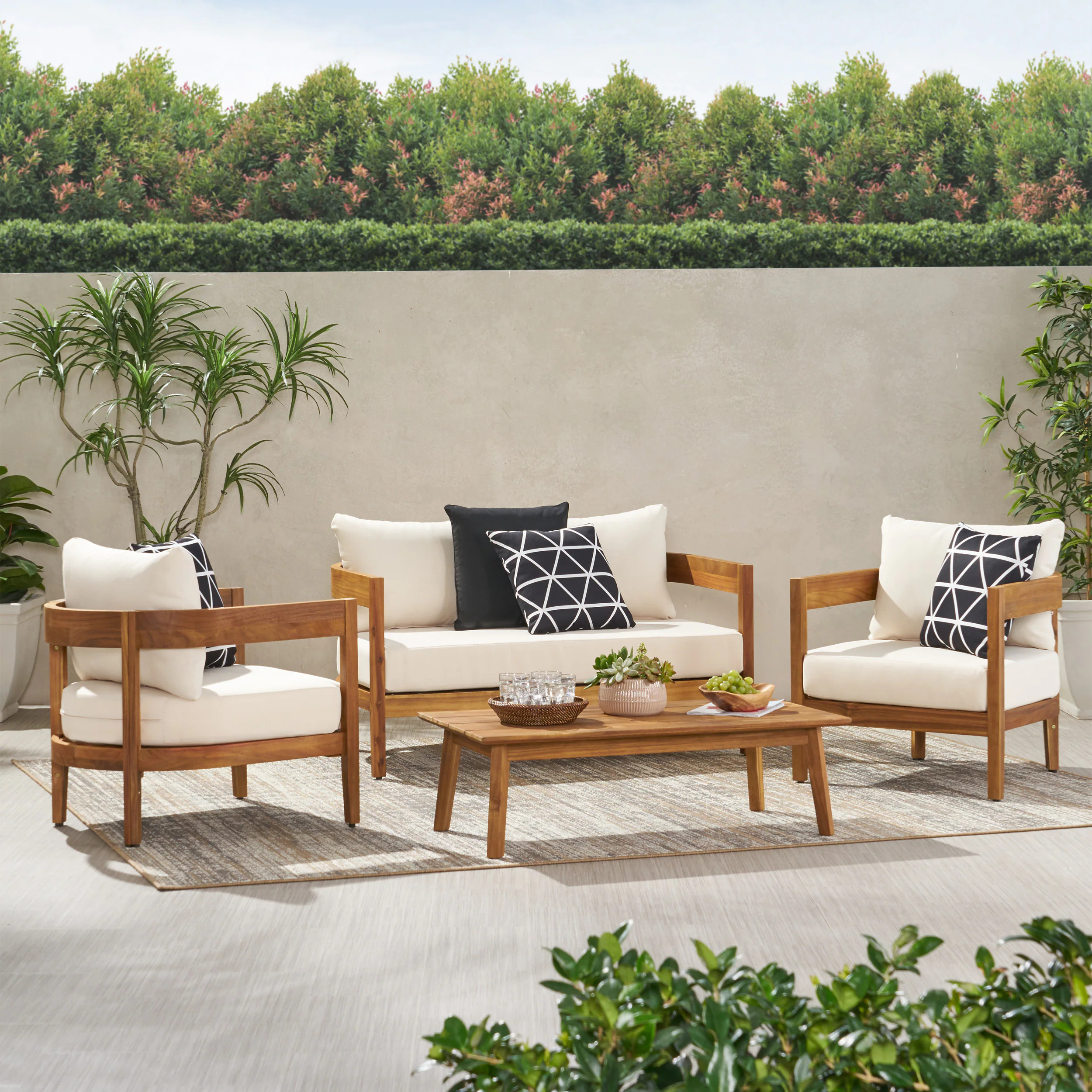 Christopher Knight Home Brooklyn Outdoor Acacia Wood 4 Seater Chat Set with Cushions-Teak Finish, Beige Polyester one_size | 312399 | Lowe's
