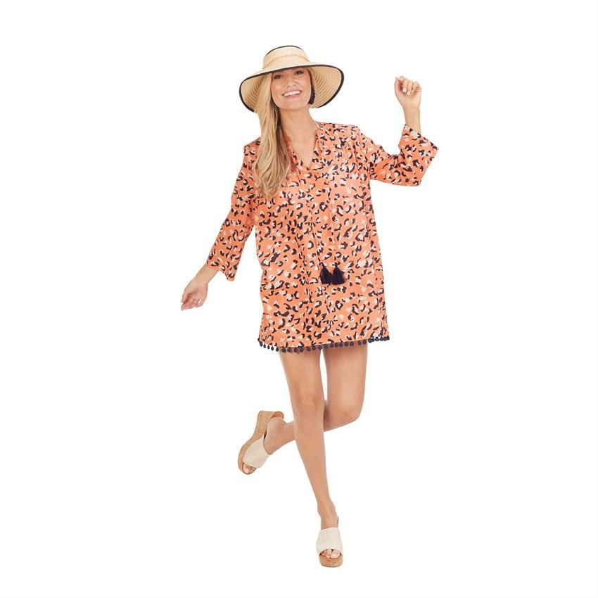 Lacey Pom-Pom Cover Up in Peach Leopard | Mud Pie (US)