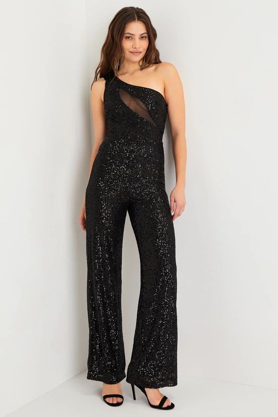 Sparkling Icon Black Sequin One-Shoulder Mesh Cutout Jumpsuit | Lulus (US)