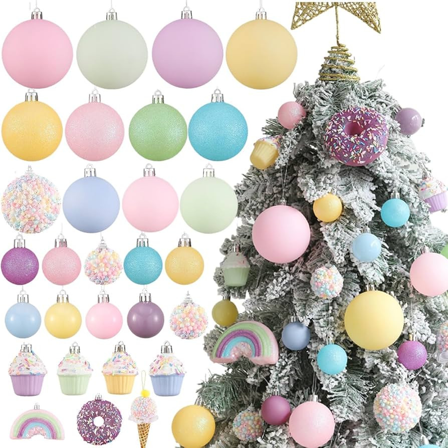 Pastel Christmas Tree Ornaments 46PCS Pink Yellow Blue Rainbow Shatterproof Xmas Hanging Ornament... | Amazon (US)