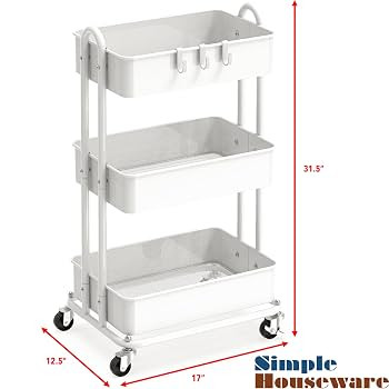 Simple Houseware 3-Tier Heavy Duty Metal Utility Rolling Cart, White | Amazon (US)