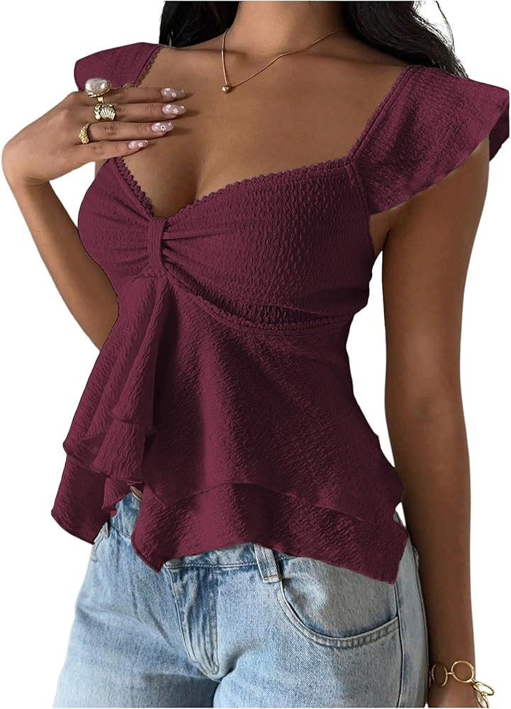 RoseSeek Women's Flowy Going Out Tank Top Sweetheart Neck Cap Sleeve Summer Ruffle Elegant Crop T... | Amazon (US)