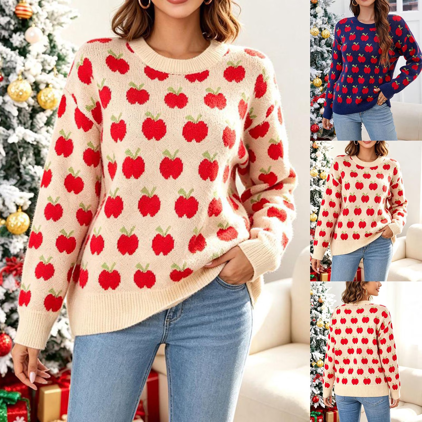Sweater for Women Crew Neck Apple Print Pullover Top Long Sleeve Relaxed Fit Casual Fall Pullover - Walmart.com | Walmart (US)