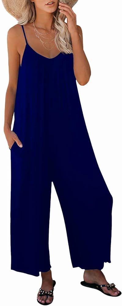 Amazon.com: SNUGWIND Womens Jumpsuits Casual Sleeveless Spaghetti Strap Rompers Wide Leg Pants wi... | Amazon (US)