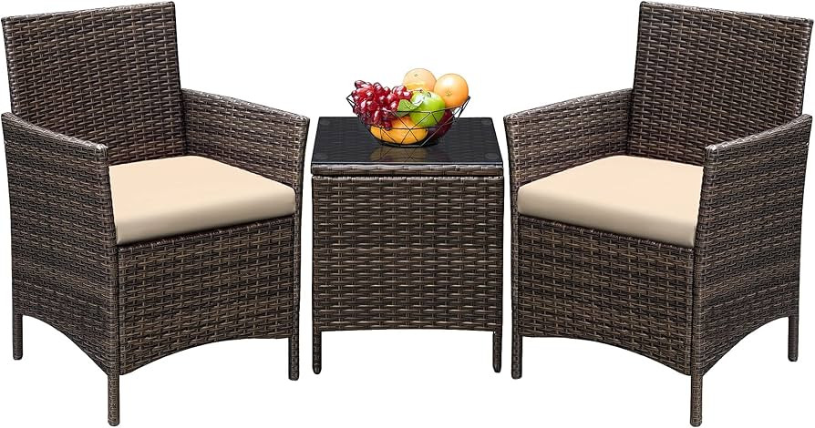 Greesum 3 Pieces Patio Furniture Sets Outdoor PE Rattan Wicker Chairs with Soft Cushion and Glass... | Amazon (US)