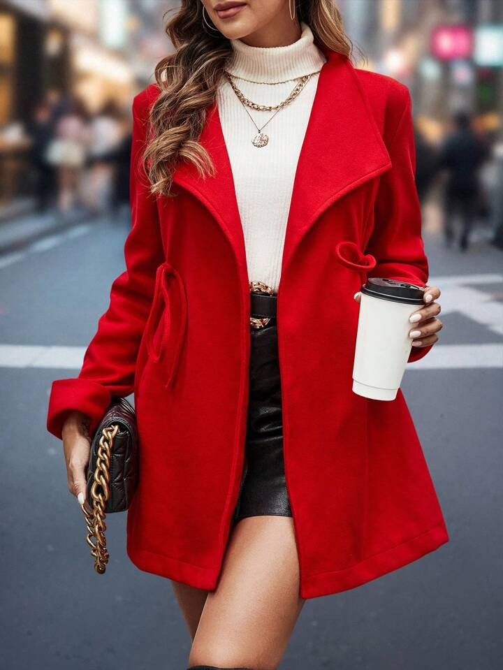 SHEIN Privé Women's Drawstring Waist Woolen Coat | SHEIN