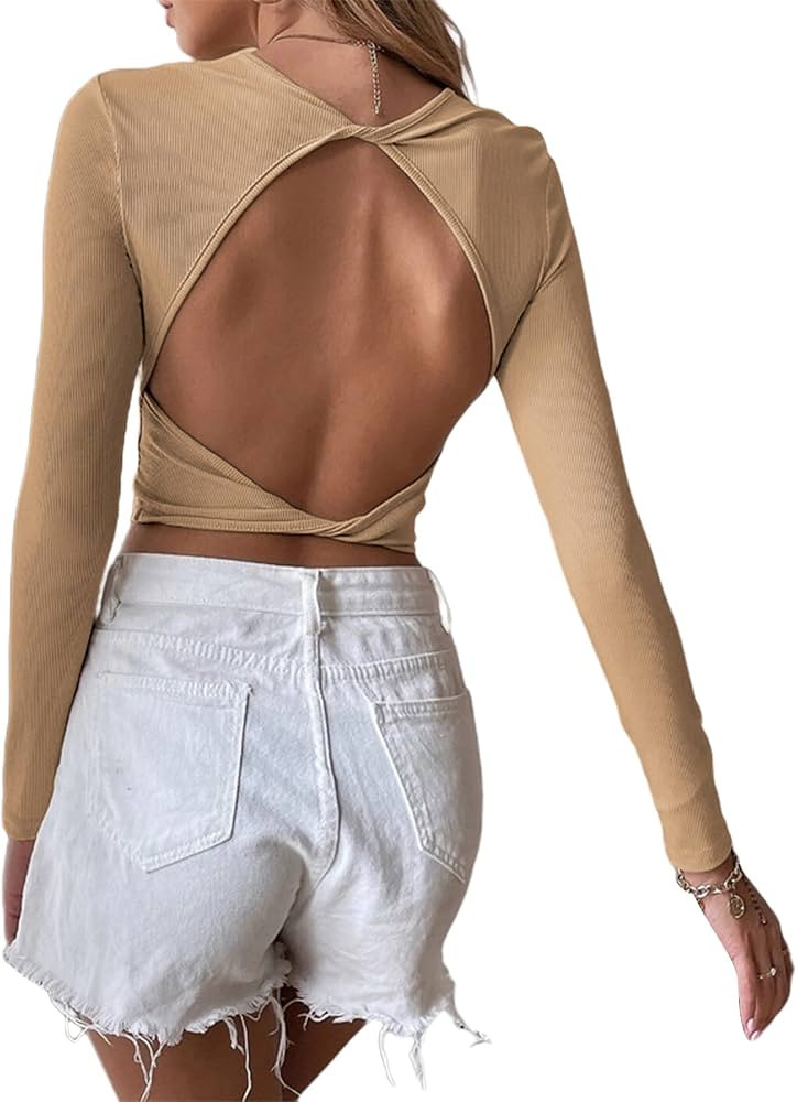Sexy Backless Long Sleeve Crop Tops for Women Knit Ribbed Slim Fitted Shirts Round Neck Basic Tee To | Amazon (US)