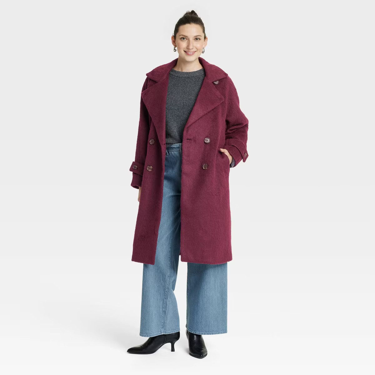 Women's Double Breasted Cocoon Overcoat - Universal Thread™ Maroon L | Target