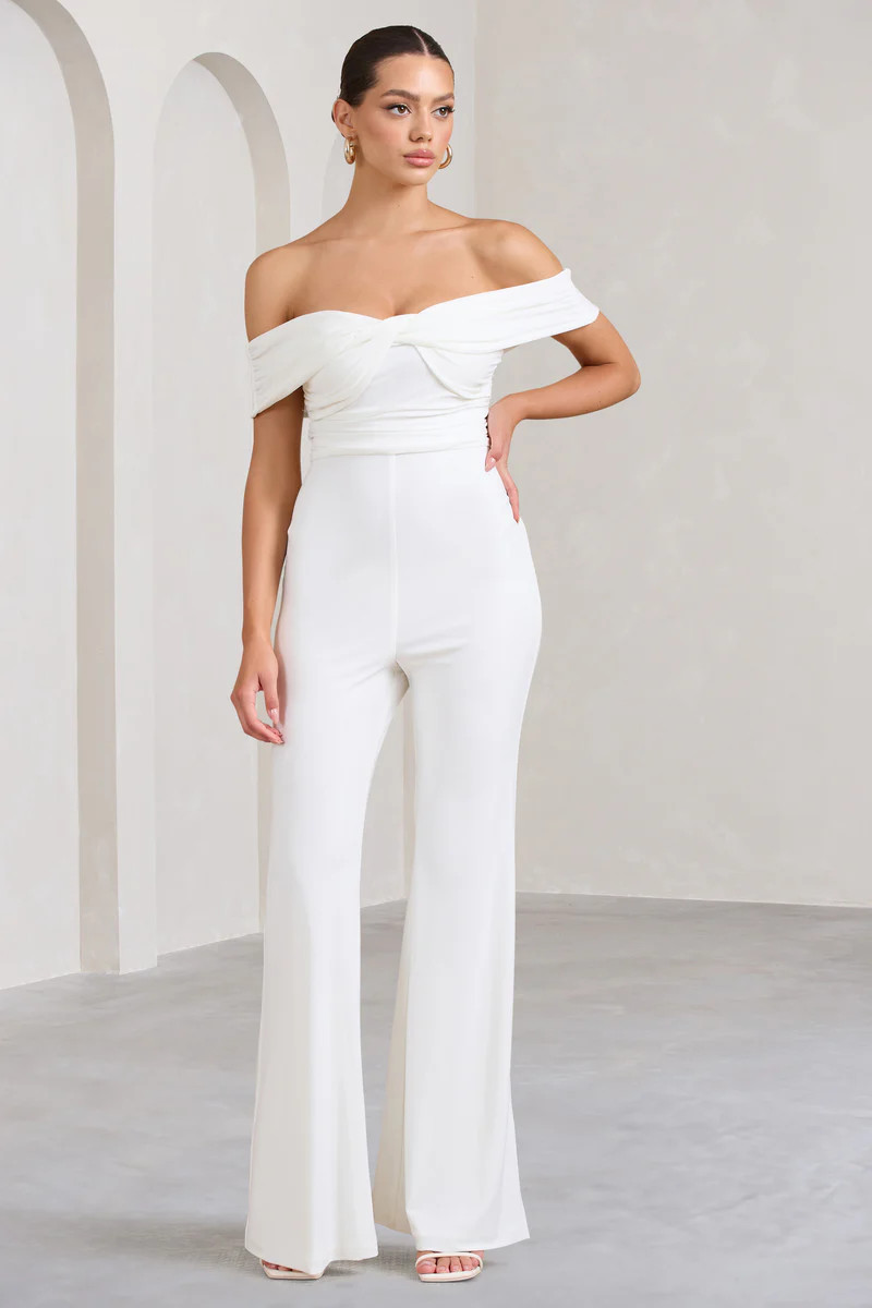 Recognition | White Off The Shoulder Ruched Jumpsuit | Club L London