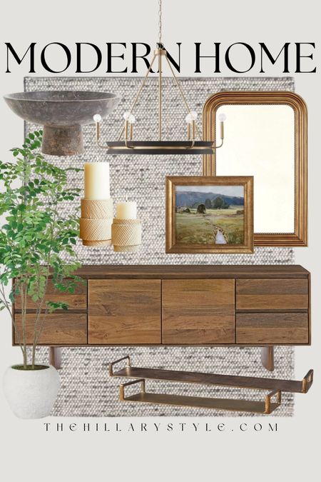 Modern Home: Neutral home
Decor and furniture finds for the modern organic home. Wood console, faux tree, gold mirror, framed landscape art, black and gold chandelier, neutral area rug, ceramic bowl, brass trays, ceramic candle holders. West Elm, Target Home, Ballard Designs, Arhaus, H&M, Wayfair.

#LTKstyletip #LTKSeasonal #LTKhome
