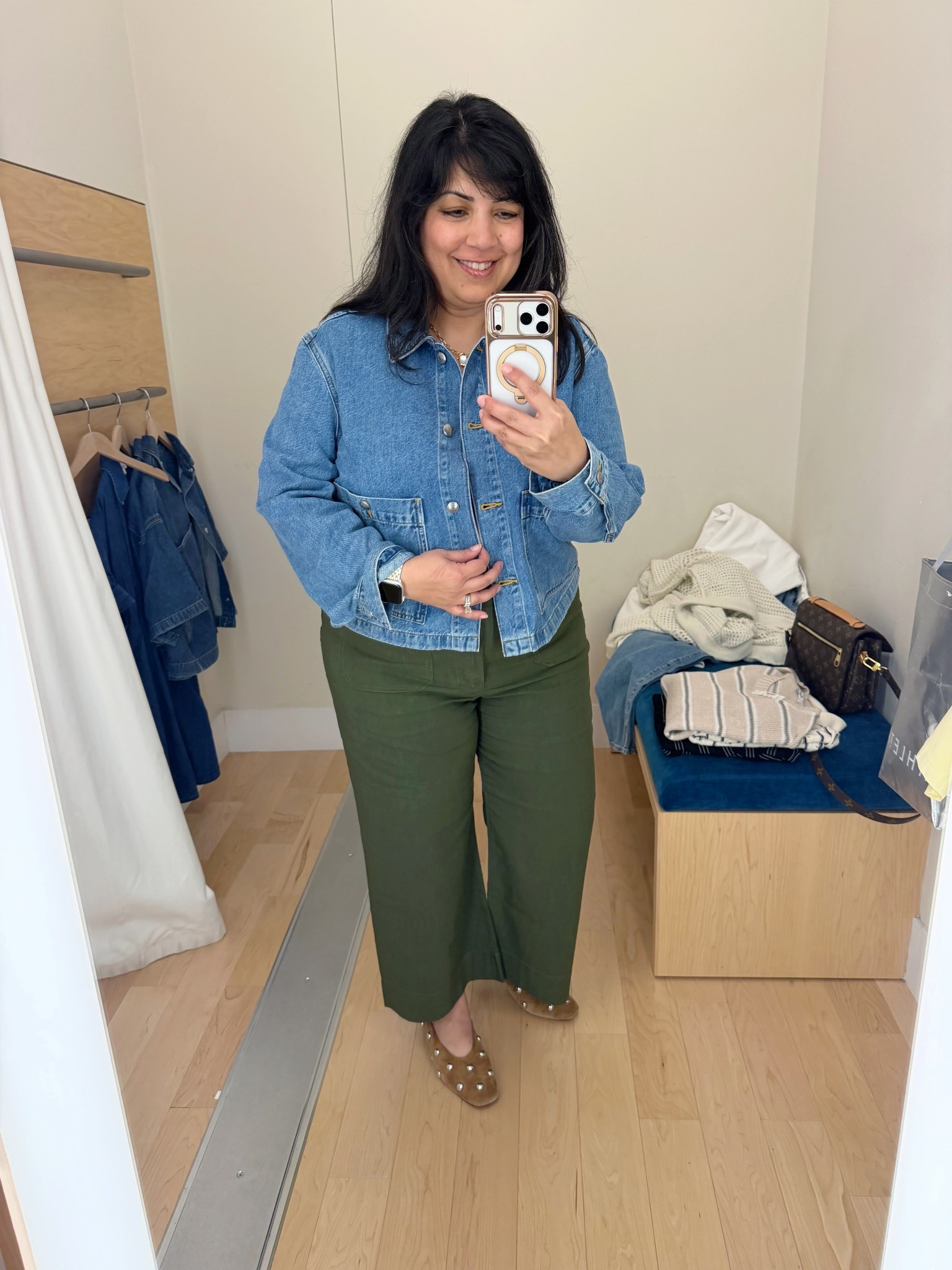 Spring outfits 2026! Love this denim jacket for spring! Such a cute updated style and so versatile. Wearing it here in size large. 

Madewell denim chore jacket size large. Anthropologie Colette pants size 32 Petite. Madewell ballet flats no longer available on this studded style but linked a look for less from Amazon. Kendra Scott necklace.

#LTKOver40 #LTKMidsize #LTKPetite