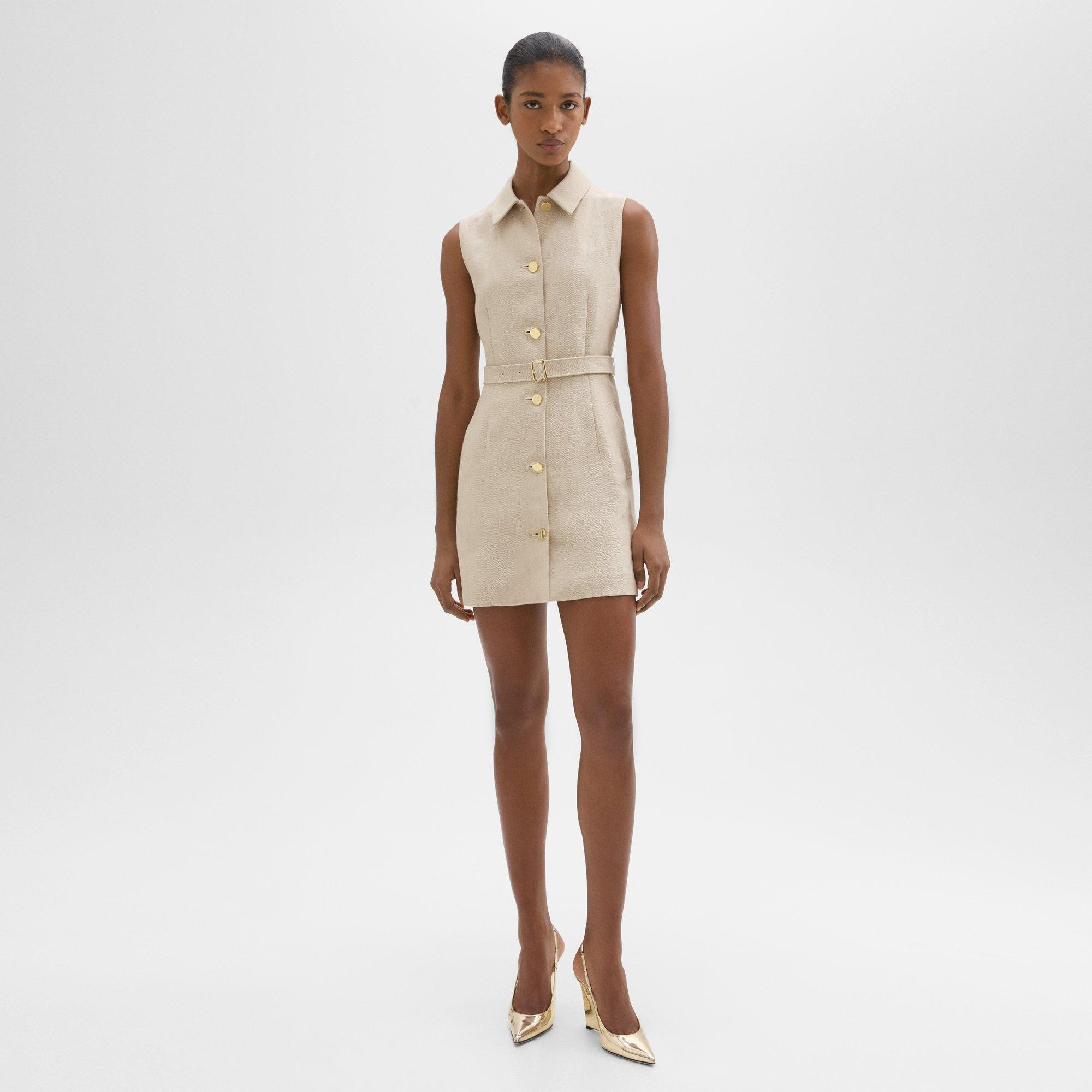 Belted Military Dress in Basket Weave Linen | Theory