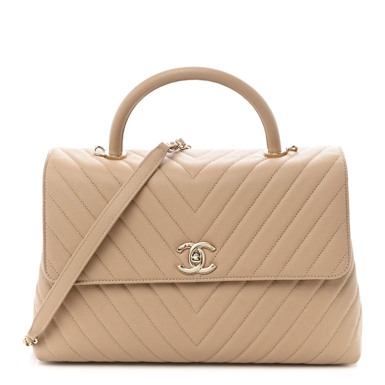 Caviar Chevron Quilted Medium Coco Handle Flap Beige | FASHIONPHILE (US)