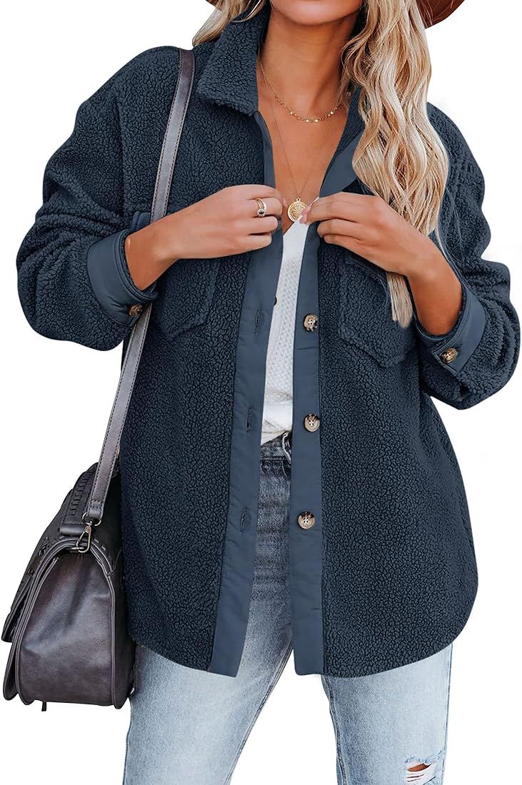 ZESICA Womens Winter Casual Sherpa Fleece Jacket Long Sleeve Button Solid Warm Fuzzy Outwear Coat Po | Amazon (US)