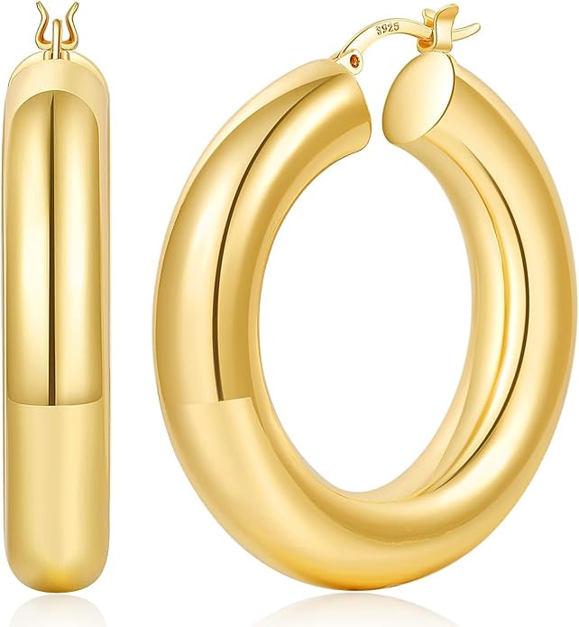 8mm Chunky Gold Hoop Earrings Hypoallergenic 925 Sterling Silver Hollow Tube Hoop Earring Lightwe... | Amazon (US)