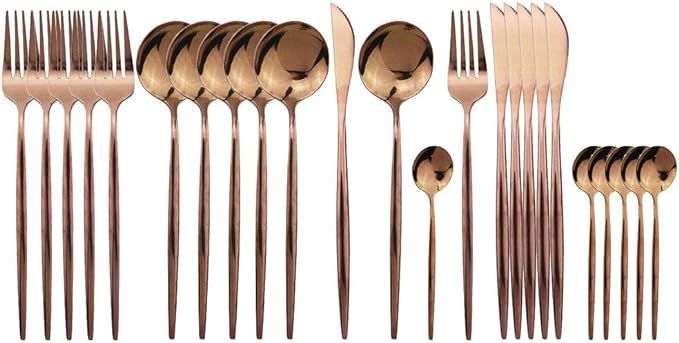 JASHII 24 Pieces 304 Stainless Steel Rose Cutlery Set Home Kitchen Silverware Set, Mirror Polishe... | Amazon (US)