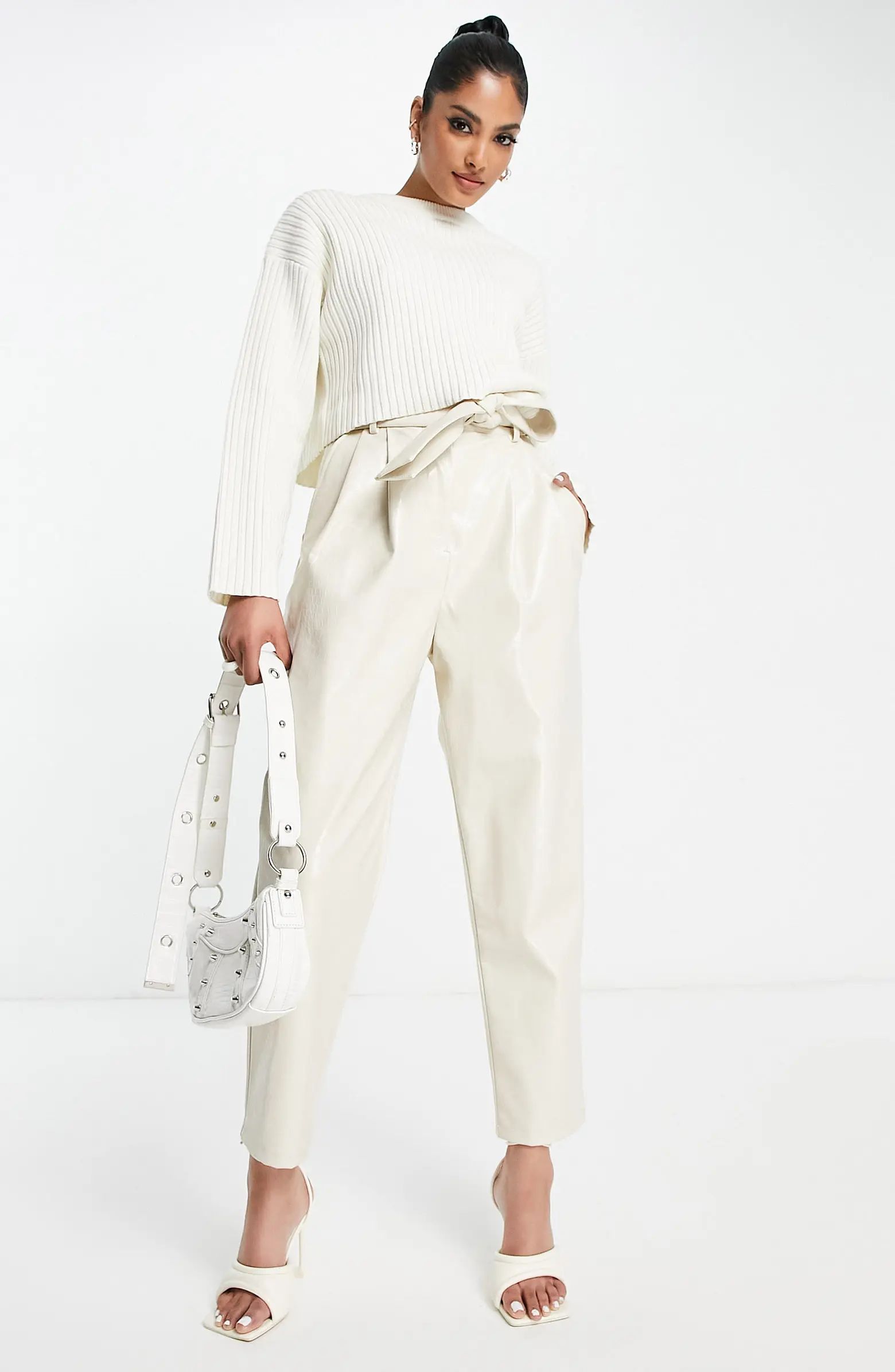 ASOS DESIGN Belted Croc Embossed Faux Leather Trousers | Nordstrom | Nordstrom