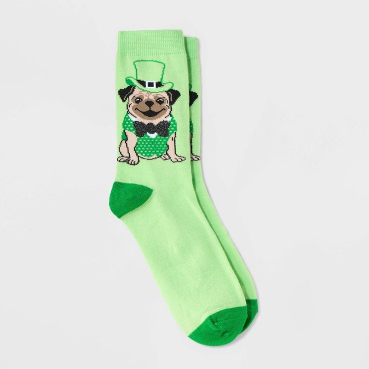 Women's Irish Pug St. Patrick's Day Crew Socks - Green 4-10 | Target