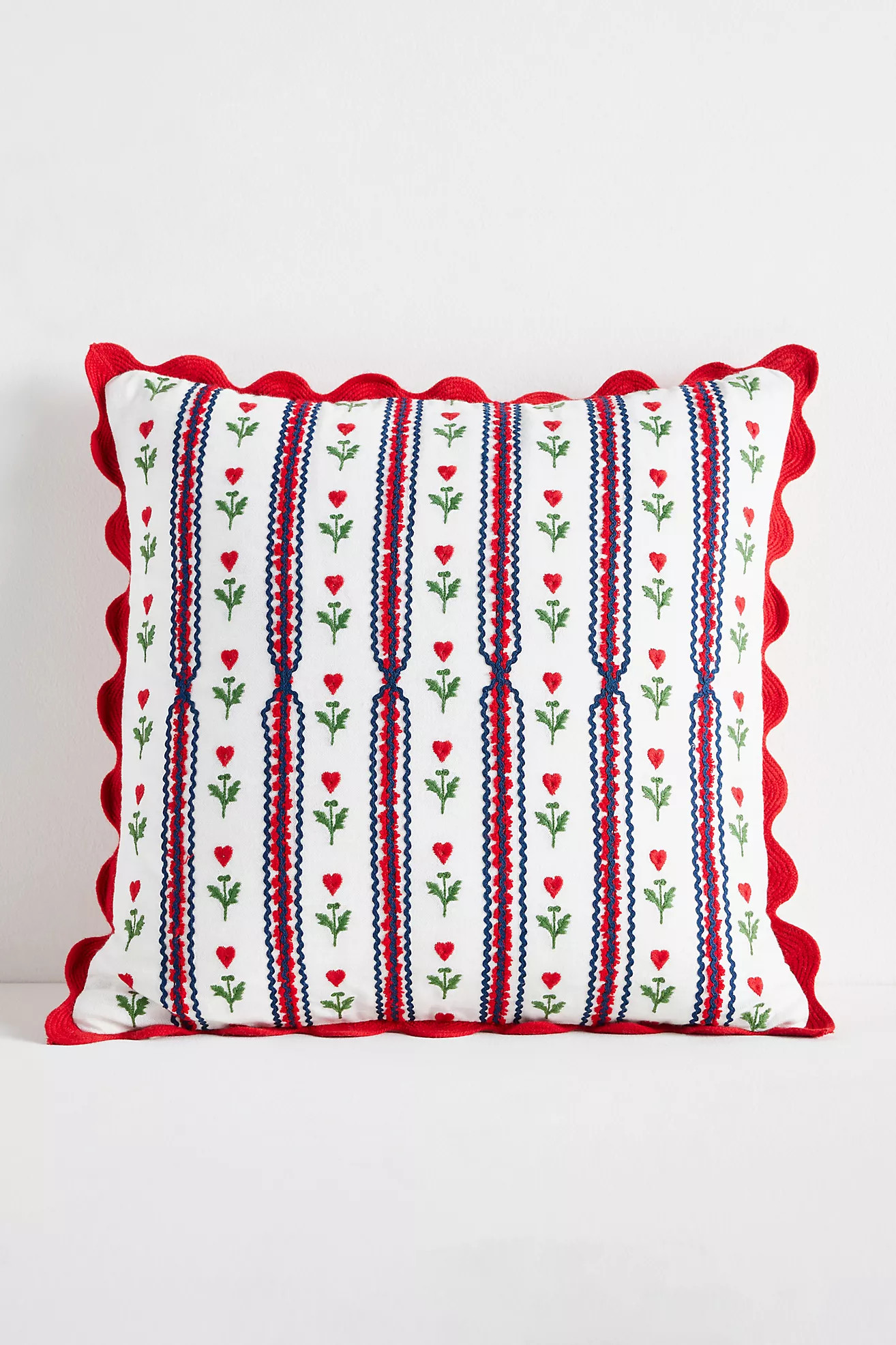 Valentine's Day Cotton Embroidered Stripe Scallop Pillow | Anthropologie (US)