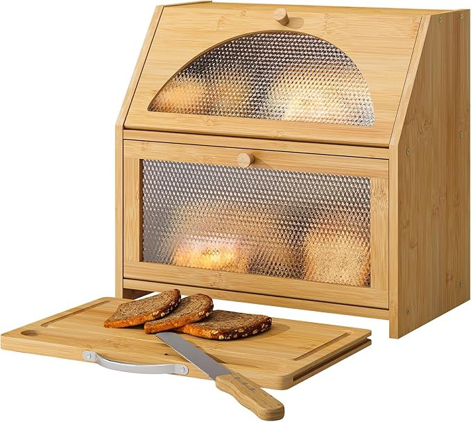 Bamboo Bread Box with Cutting Board, Double Layer Extra Large Bread Storage Bin with Door Panel f... | Amazon (US)