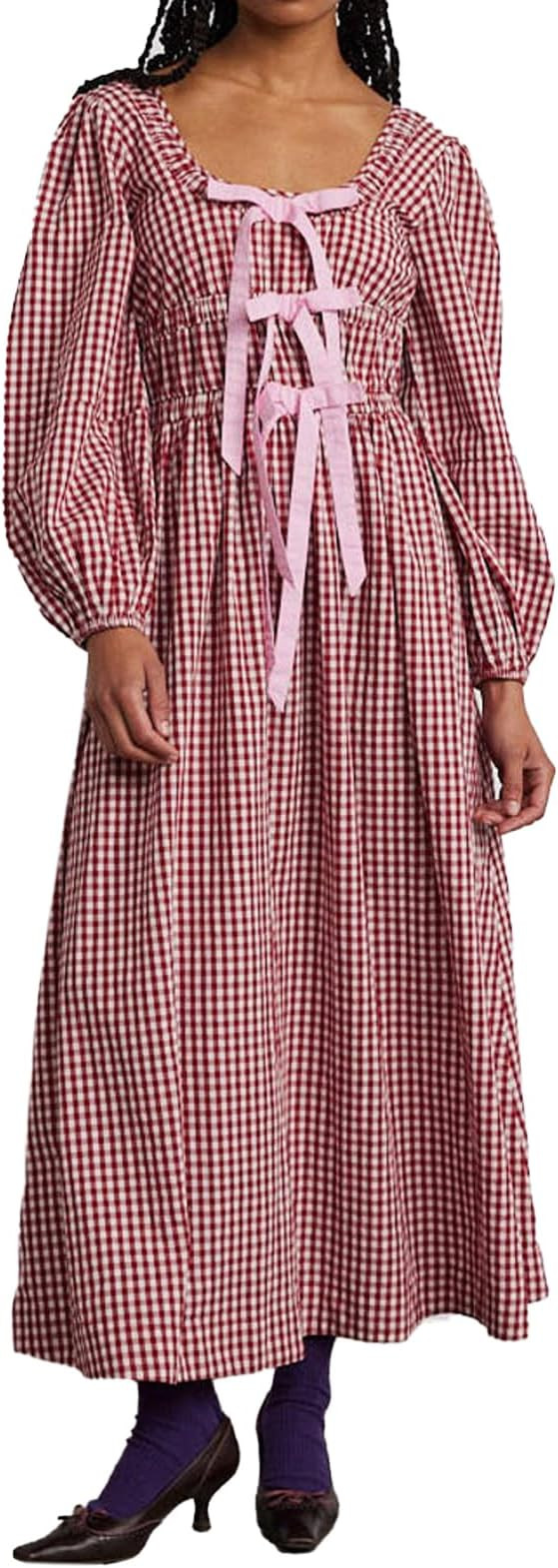 Women Plaid Maxi Dress Long Puff Sleeve Square Neck Flowy Boho Dress Bow Tie Smocked Fall Dresses | Amazon (US)