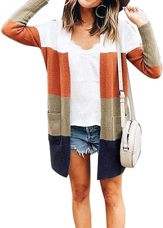 Womens Long Sleeve Casual Striped Cardigan Color Block Knit Open Front Sweater Coat | Amazon (US)