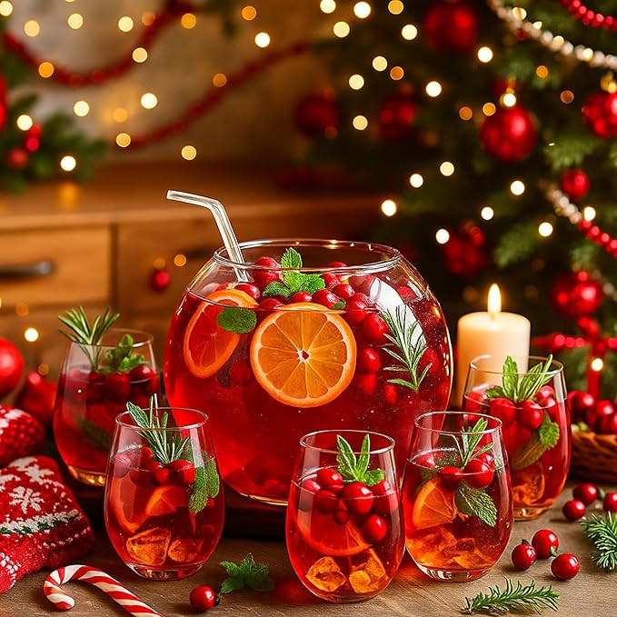 Glass Punch Bowl Set Christmas Party Bowl Set with 6 Punch Cups and Ladle Heavy Large for Parties... | Amazon (US)