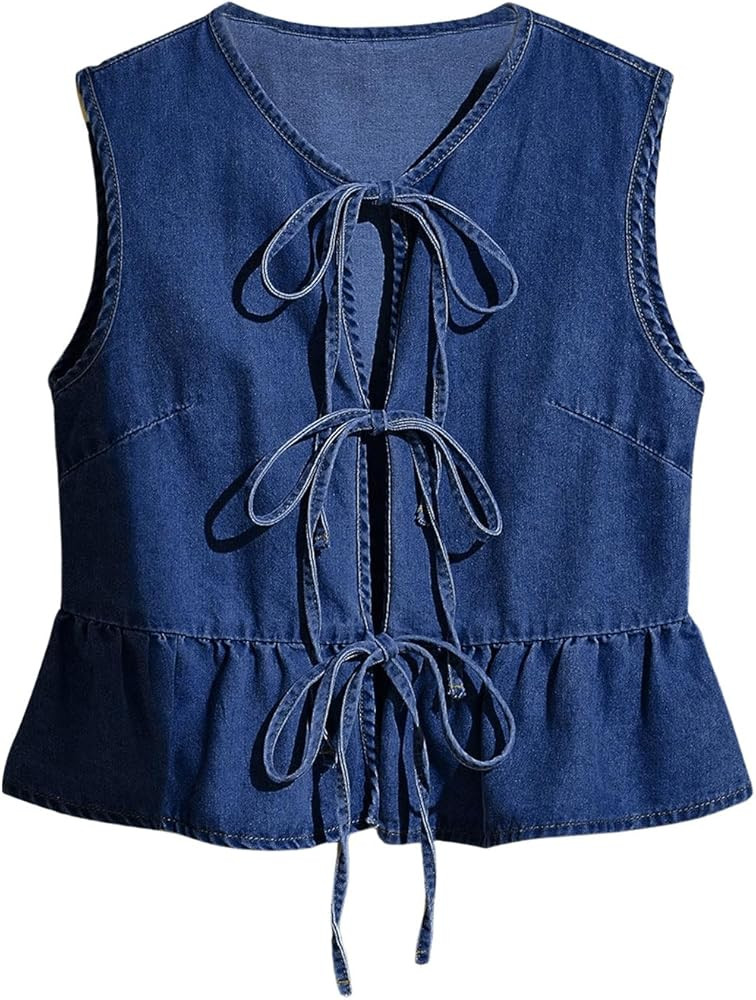 SHENHE Women's Y2k Tie Front Denim Vest V Neck Ruffle Hem Sleeveless Peplum Jean Top Shirt | Amazon (US)