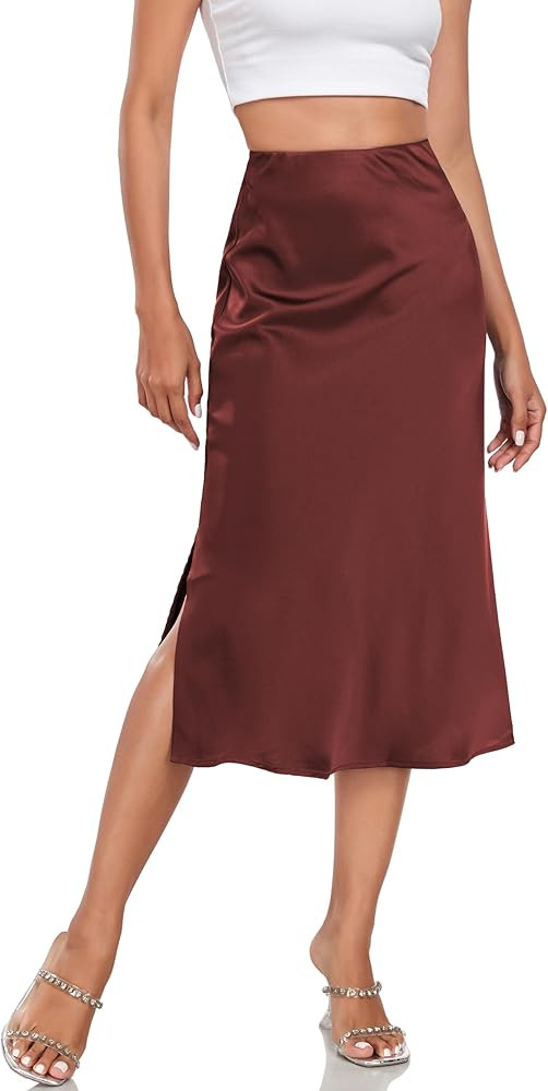 Women's Silk Satin Midi Skirts High Waist Elastic Ruffle Elegant A Line Elegant Casual Slit Party... | Amazon (US)