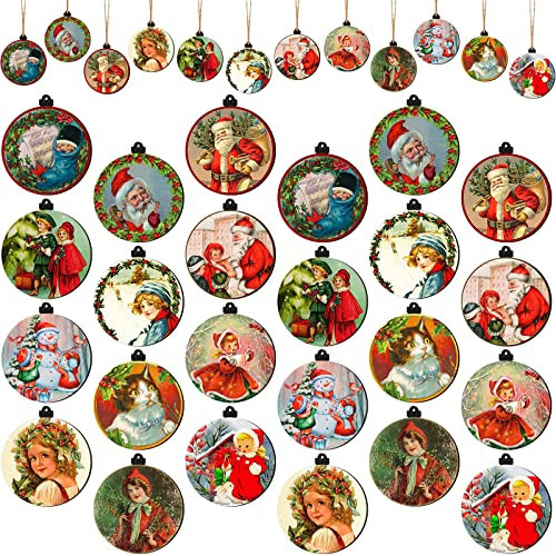 Sawysine 48 Pcs Vintage Wooden Christmas Ornaments, Retro Xmas Decorations Bulk Santa Claus Hanging Ornaments for Christmas Tree(Elegant Style) | Amazon (US)