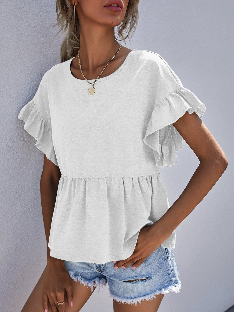 Ruffle Cuff Solid Peplum Tee | SHEIN