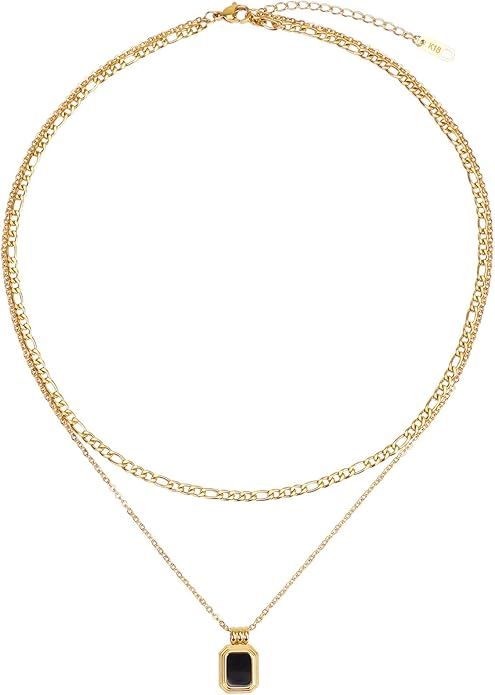 LETTARIUS Layering Necklace Curb Chain Choker Dainty Square Pendant Layered Necklace Stainless St... | Amazon (US)