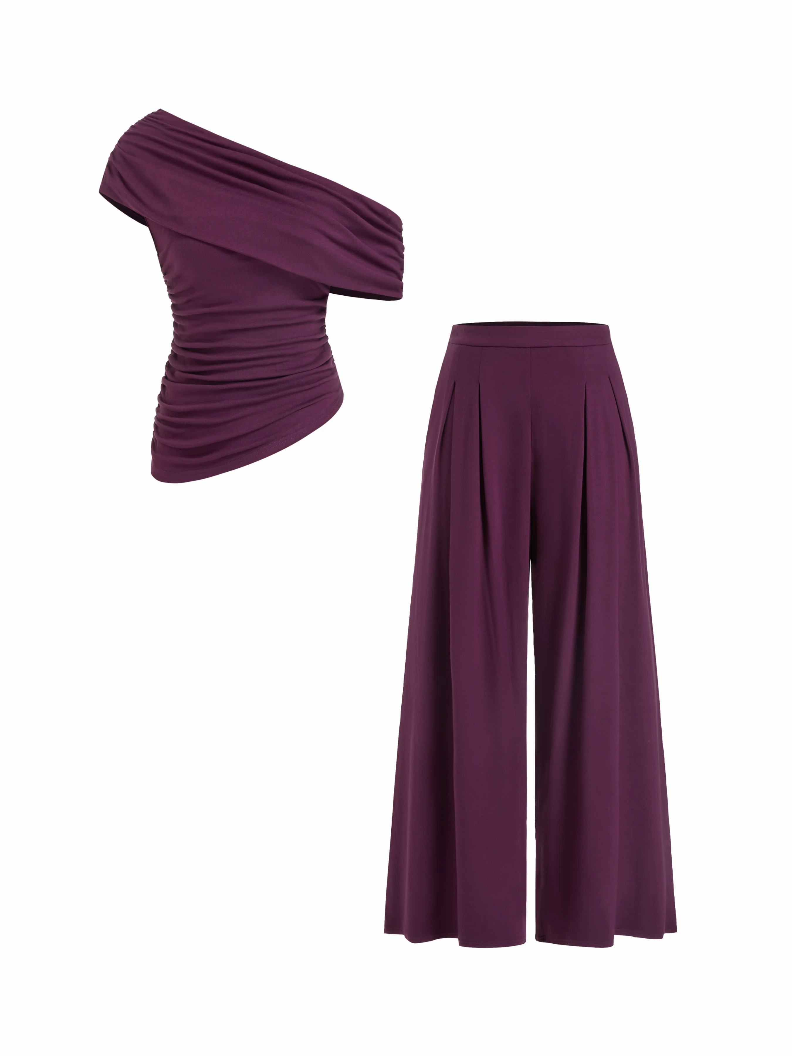 Asymmetrical Neck Ruched Top & Mid Rise Wide Leg Trousers Set | Cider