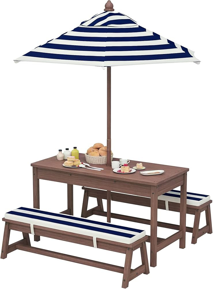 Qaba Kids Picnic Table, Outdoor Wooden Table & Bench Set with Cushions and Umbrella, Children Bac... | Amazon (US)